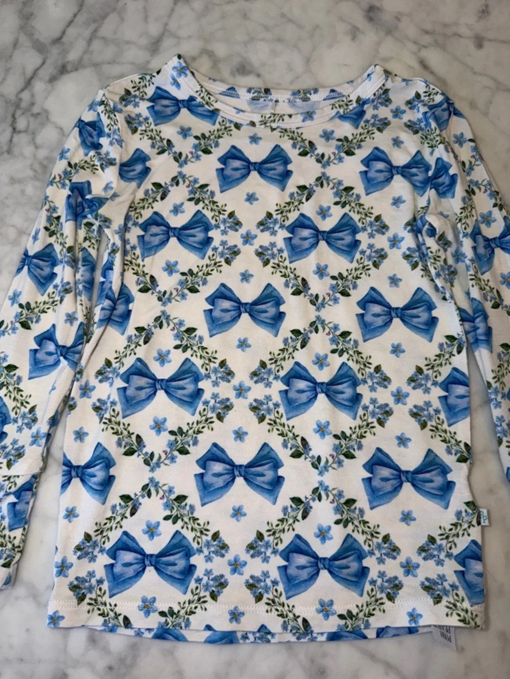 Posh Peanut Blue Bow Floral Long Sleeve Pajama Set 3/4T